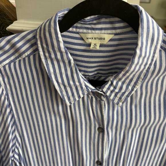 Max Studio Blue and White Striped Button Down Tunic Shirt - Picture 3 of 8